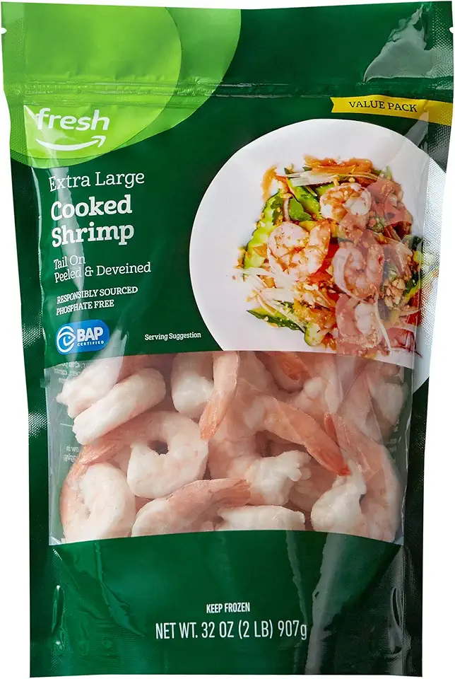 Amazon Fresh Brand, Cooked Extra Large Peeled &amp; Deveined Tail On Shrimp Value Pack, Frozen, Responsibly Sourced, Phosphate Free, 2 Lb, (26-30 Count/Pound)