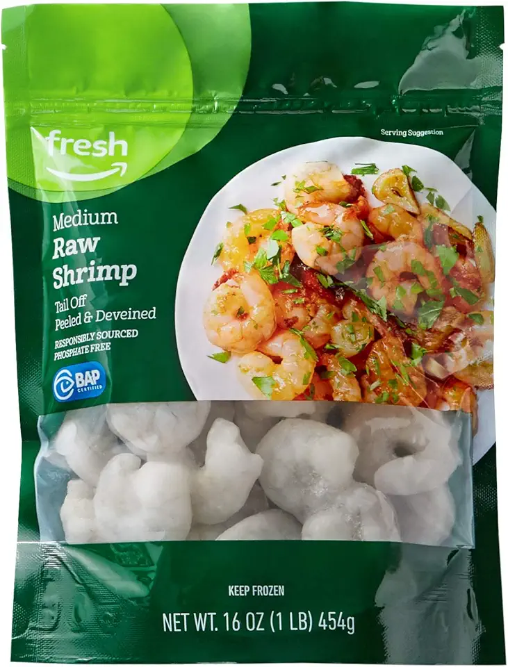 Amazon Fresh Brand, Raw Medium Peeled &amp; Deveined Tail Off Shrimp Frozen, Responsibly Sourced, Phosphate Free, 1 Lb, (41-50 Count/Pound)