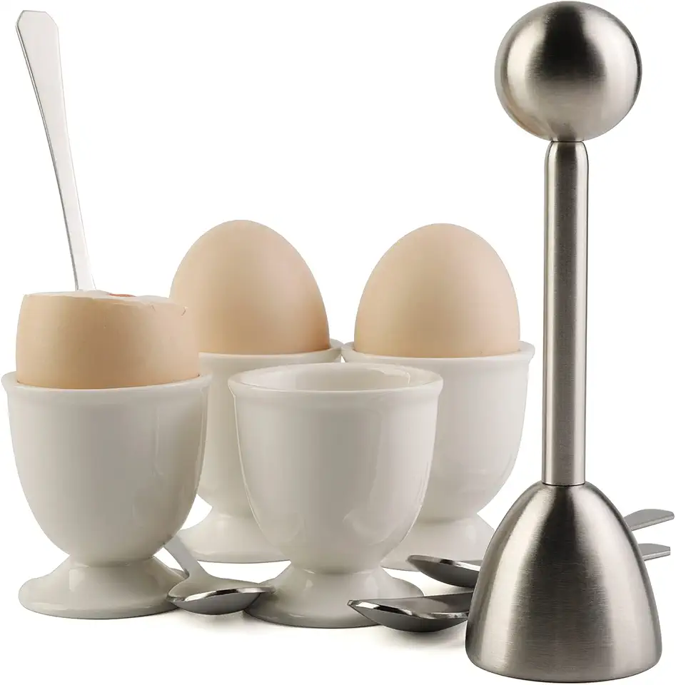 Egg Cracker Topper Set for Soft Hard Boiled Eggs Shell Removal Includes 1 Egg Cutter 4 Ceramic Egg Cups and 4 Spoons