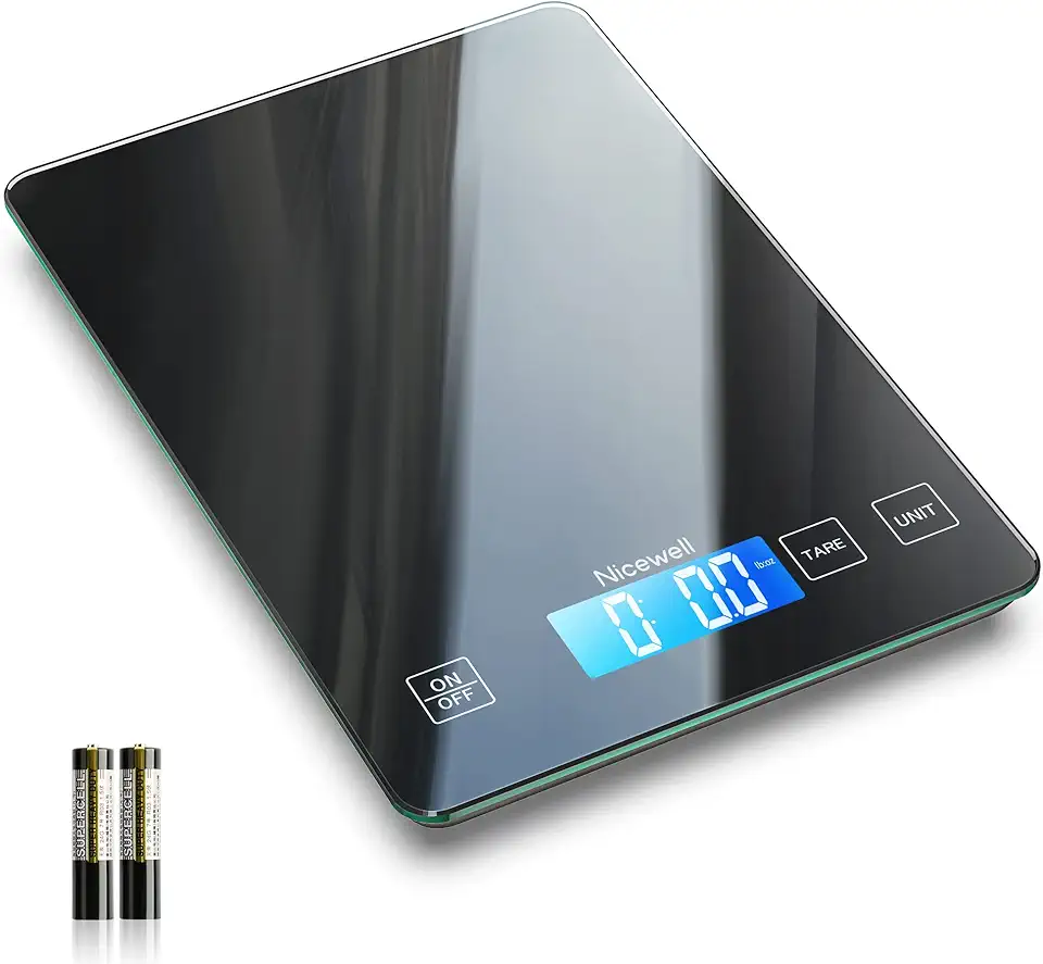 Nicewell Food Scale Digital Weight Grams and oz, 22lb Kitchen Scale for Cooking Baking, 1g/0.1oz Precise Graduation, Sleek Tempered Glass Platform (Black)