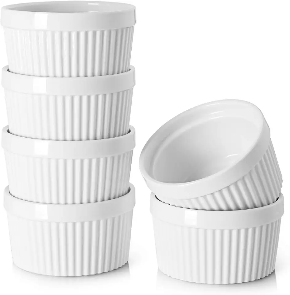 DOWAN 8 oz Ramekins for Creme Brulee Porcelain Ramekins Oven Safe, Classic Style Ramekins for Baking Souffle Ramekins Bowls, Set of 6, White