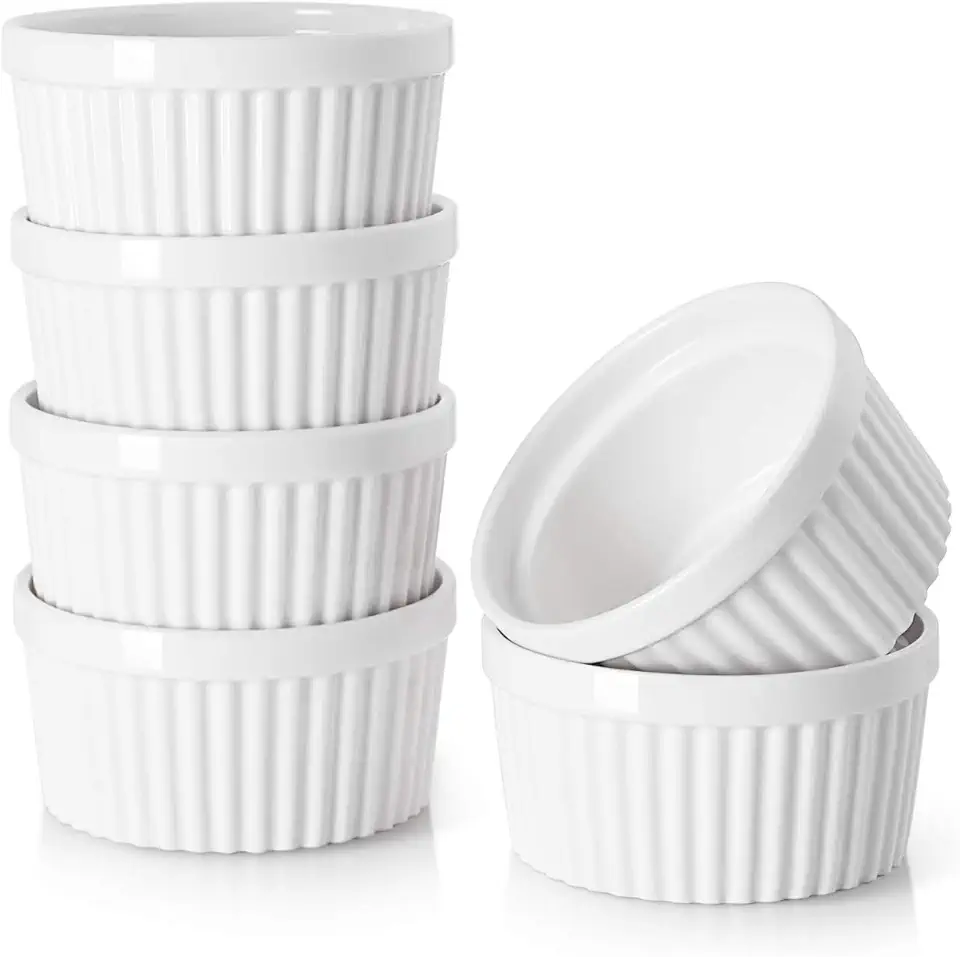 DOWAN Ramekins 4 oz Oven Safe for Creme Brulee Souffle, Porcelain Custard Cups Ramiken for Baking, Classic Style Ramekins Bowls, Set of 6, White