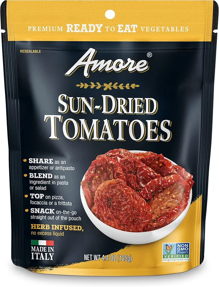 Amore Vegan Sun Dried Tomatoes - Non GMO Certified Ready-to-Eat Herb Infused Vegetables In Resealable Bags 4.4 Ounce (Pack of 10)