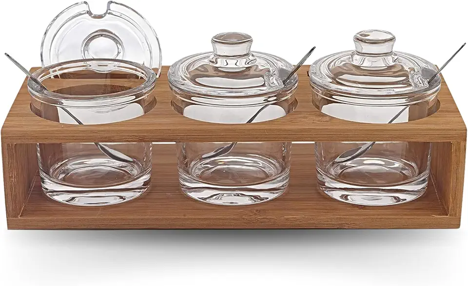 Badash Crystal Glass Jar Set - 10-Piece Glass Jars with Lids, Spoons, and Wood Stand for Jam, Honey, Spice, or Condiments - Ideal for Salad Dressing &amp; Sauce