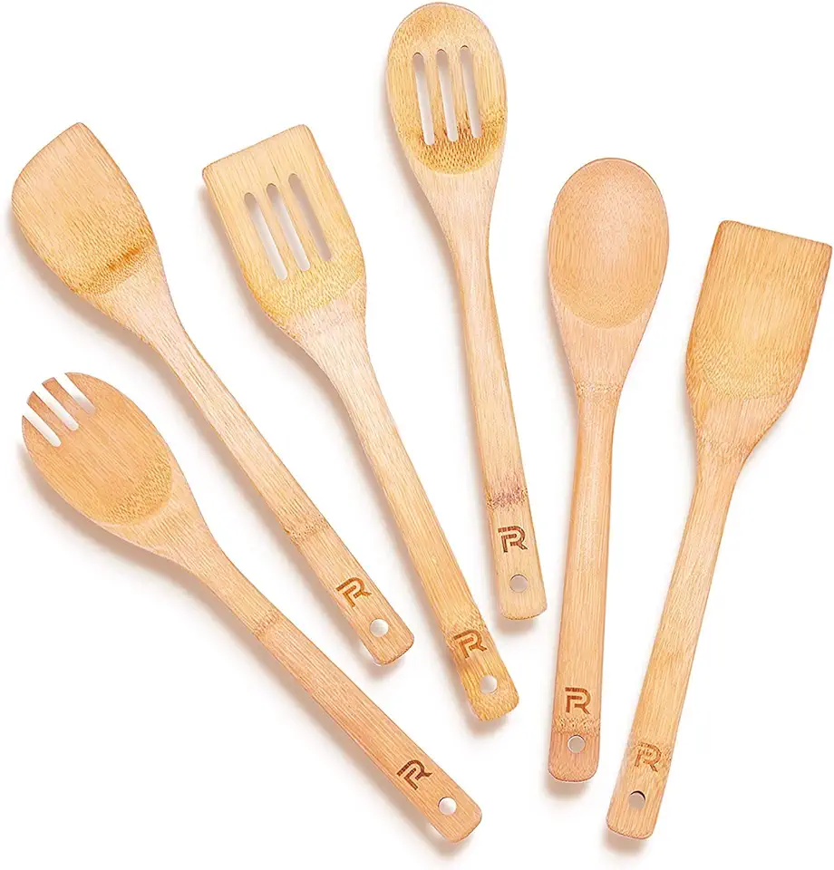 Riveira Bamboo Wooden Spoons for Cooking 6-Piece, Apartment Essentials Wood Spatula Spoon Nonstick Kitchen Utensil Set Premium Quality Housewarming Gifts for Everyday Use