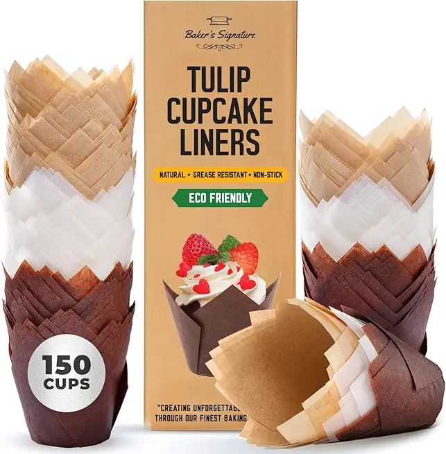 Tulip Cupcake Liners, Muffin Liners for Baking by Baker’s Signature – 150pcs of Parchment Paper Cups Cupcake Wrappers – Perfect Size, Sturdy, Greaseproof &amp; Easy to Use – Beige White Brown