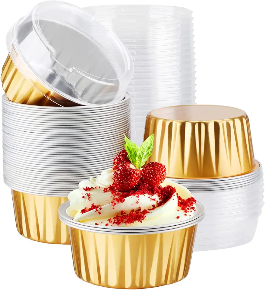 EUSOAR Disposable Ramekins, Gold 50pcs 5oz Mini Aluminium Foil Baking Cups with Lids Creme Brulee Cupcake Liners, Desert Cheesecake Pans Flan Molds Tin Cups Containers for Party Favor Birthday