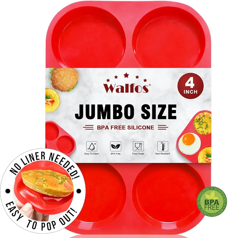 Walfos Silicone Muffin Top Pans for Baking 4inch Jumbo Size, Perfect Results Premium Non-Stick Bakeware Egg Baking Pan, Great for Eggs, Hamburger Bun, Muffin Top and More, Food Grade &amp; BPA Free, 1pc