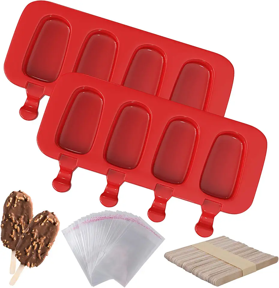 Ozera 2 Pack Popsicles Molds, Homemade Cake Pop Molds Cakesicle Molds Silicone Popcical Molds, 4 Cavities Ice Pop Cream Molds Maker with 50 Wooden Sticks &amp; 50 Popsicle Bags for DIY Popsicles