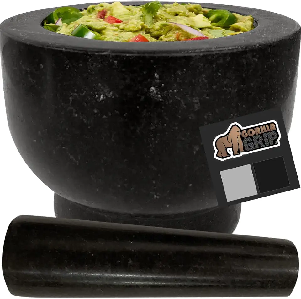 Gorilla Grip 100% Granite Slip Resistant Mortar and Pestle Set, Stone Guacamole Spice Grinder Bowls, Large Molcajete for Mexican Salsa Avocado Taco Mix Bowl, Kitchen Cooking Accessories, 2 Cups, Black