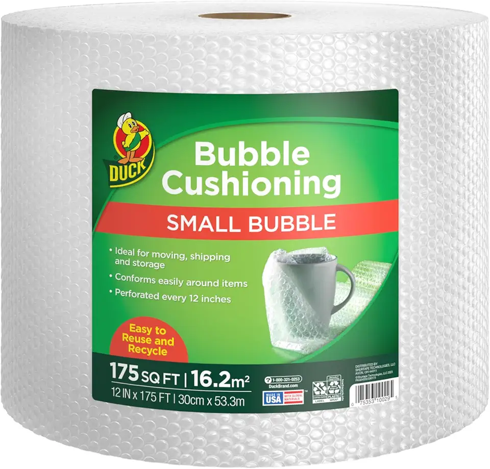 Duck Brand Small Bubble Cushioning Wrap for Moving &amp; Shipping - 175 FT Bubble Packing Wrap for Extra Protection Packaging Boxes &amp; Mailers - Clear Bubble Roll Moving Supplies, Perforated Every 12 IN