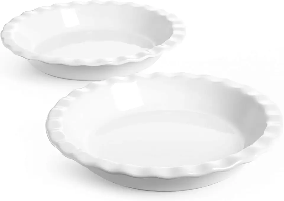 LE TAUCI Ceramic Pie Pans for Baking, 9 Inches Pie Plate for Apple Pie, Round Baking Dish, 36 Ounce Fluted Dish Pie Pan, Set of 2, White