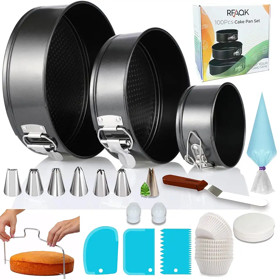 RFAQK 100PCs Cake Pan Sets for Baking + Cake Decorating Kit: 3 Non-Stick Springform Pans Set (4, 7, 9 inches), Piping Tips, Cake Leveler – Multi-functional Leak-Proof CheeseCake Pan &amp; eBook