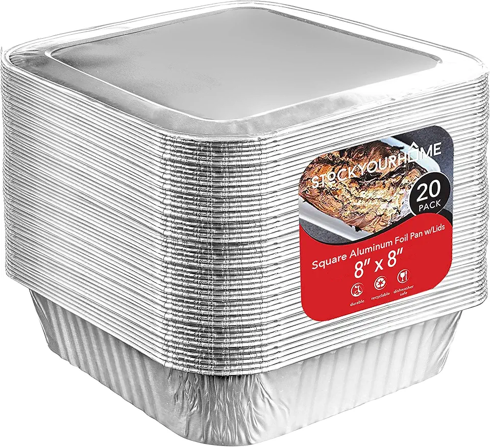 8x8 Foil Pans with Lids (20 Pack) 8 Inch Square Aluminum Pans with Covers -Disposable Food Containers Great for Baking Cake, Cooking, Heating, Storing, Prepping Food