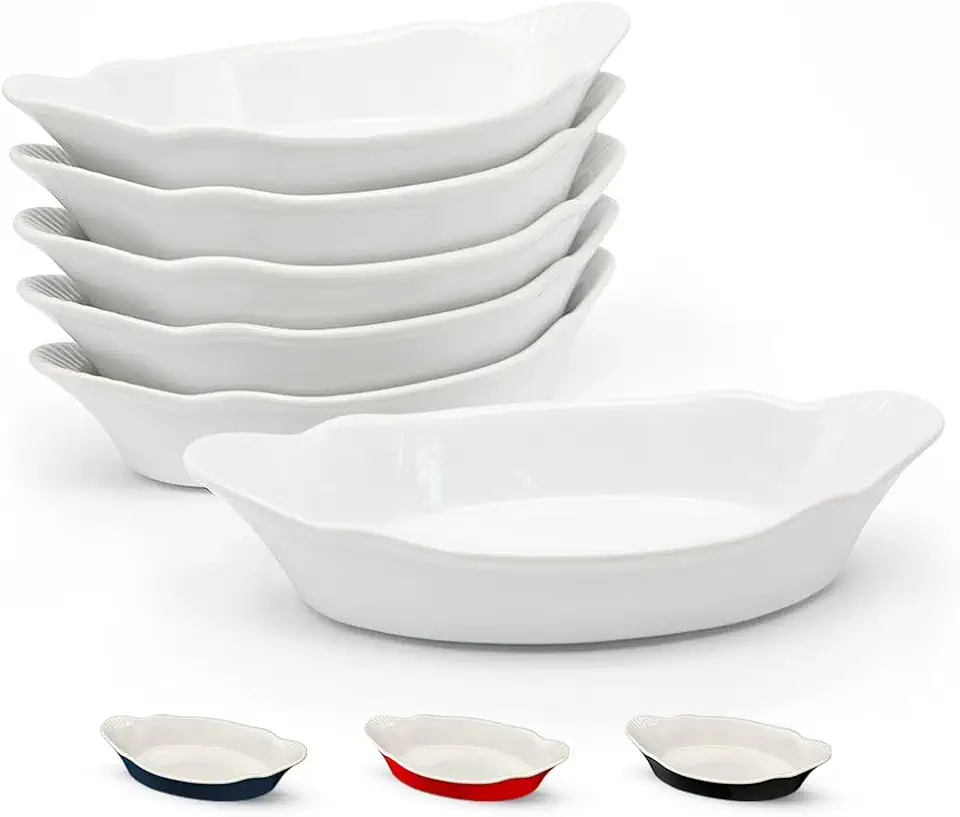 Au Gratin Baking Dishes, by Kook, Mini Casserole Dish, Set of 6, for Banana Split, Oven and Microwave Safe, Dishwasher Safe, Ceramic Serving Dishes, Lasagna &amp; Cobblers, Individual Serving, 12 oz (Marshmallow White)