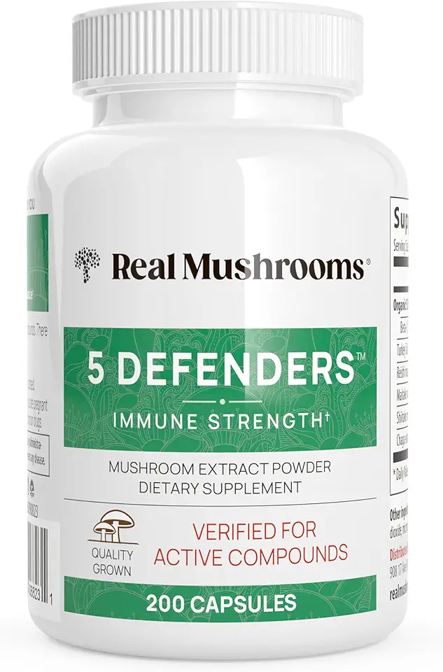 Real Mushrooms 5 Defenders Capsules - Organic Mushroom Extract w/ Chaga, Shiitake, Maitake, Turkey Tail, &amp; Reishi - Mushroom Supplement - Vegan, Non-GMO