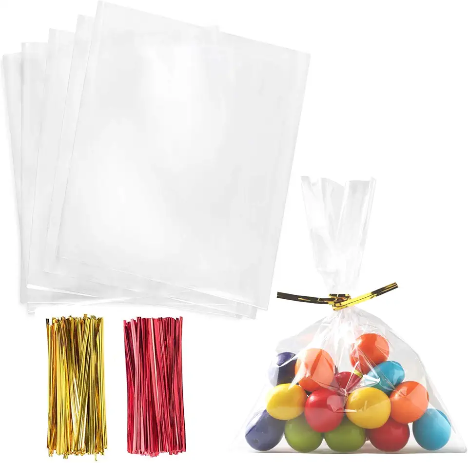 Cello Cellophane Treat Bags,5x7 Inches Clear Cellophane Bags 200 Pcs OPP Plastic Treat Bags with 200 Twist Ties for Gift Wrapping,Packaging Candies,Dessert,Bakery, Cookies, Chocolate,Party Favor