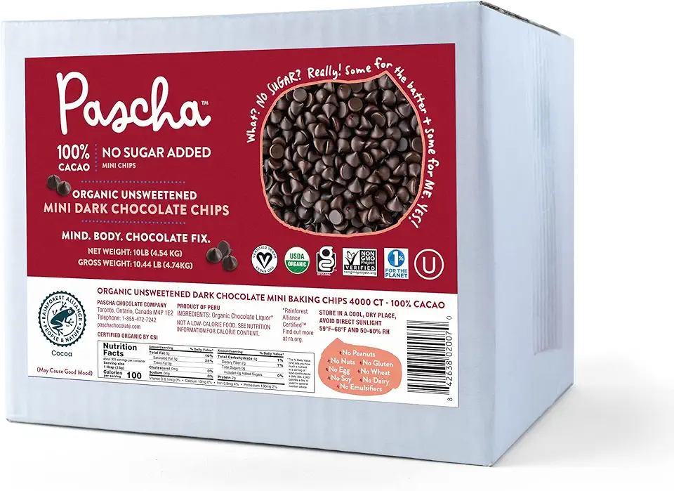 Pascha Organic Mini Unsweetened Dark Chocolate Baking Chips 100% Cacao, UTZ, Gluten Free, Non GMO, No Added Sugar, Bulk