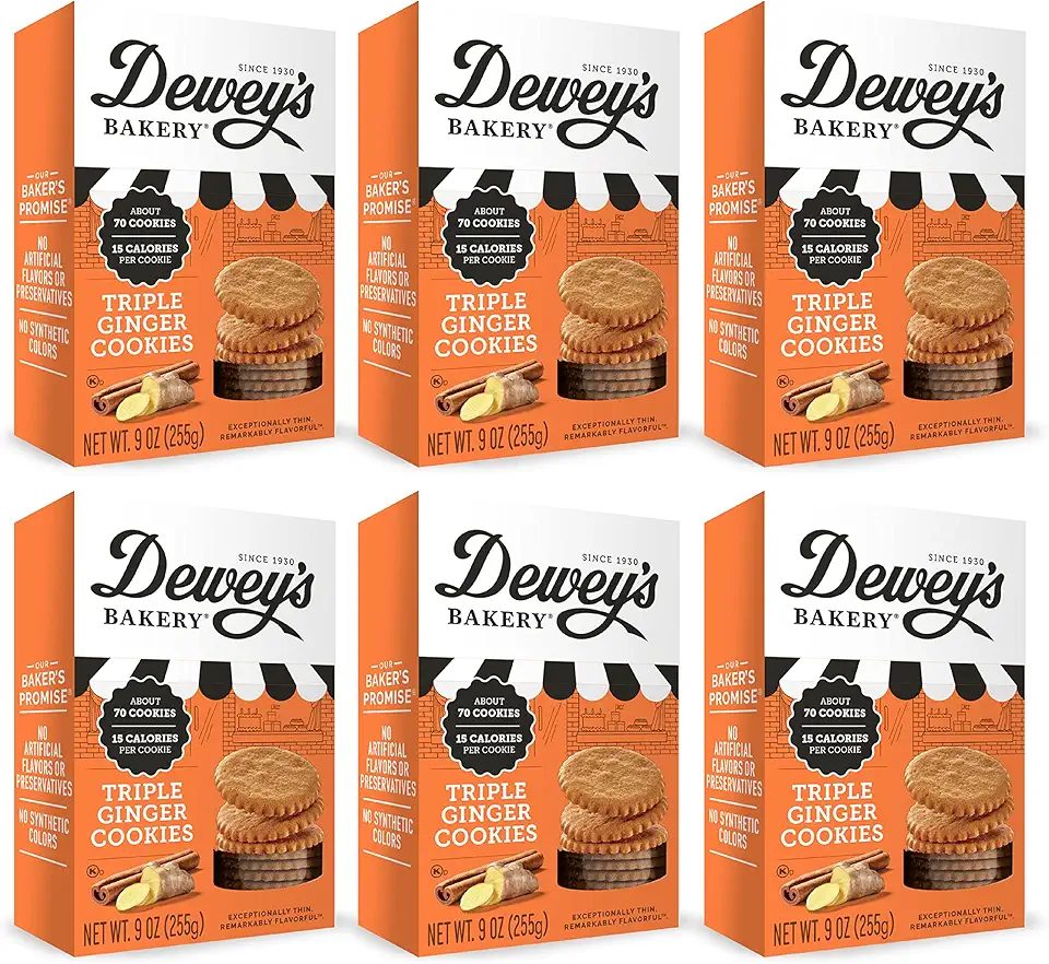 Dewey’s Bakery Triple Ginger Moravian Style Cookie Thins | No Artificial Flavors, Synthetic Colors or Preservatives | Baked in Small Batches | 9 oz (Pack of 6)