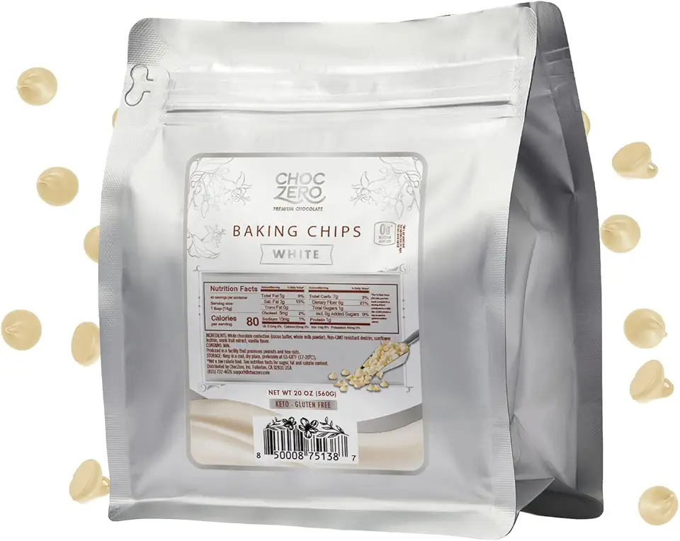 ChocZero White Chocolate Chips - Sugar Free, Low Carb, Keto Friendly, Gluten Free - 20 Ounce Bulk Bag for Baking Keto Diet Cookies and Dessert