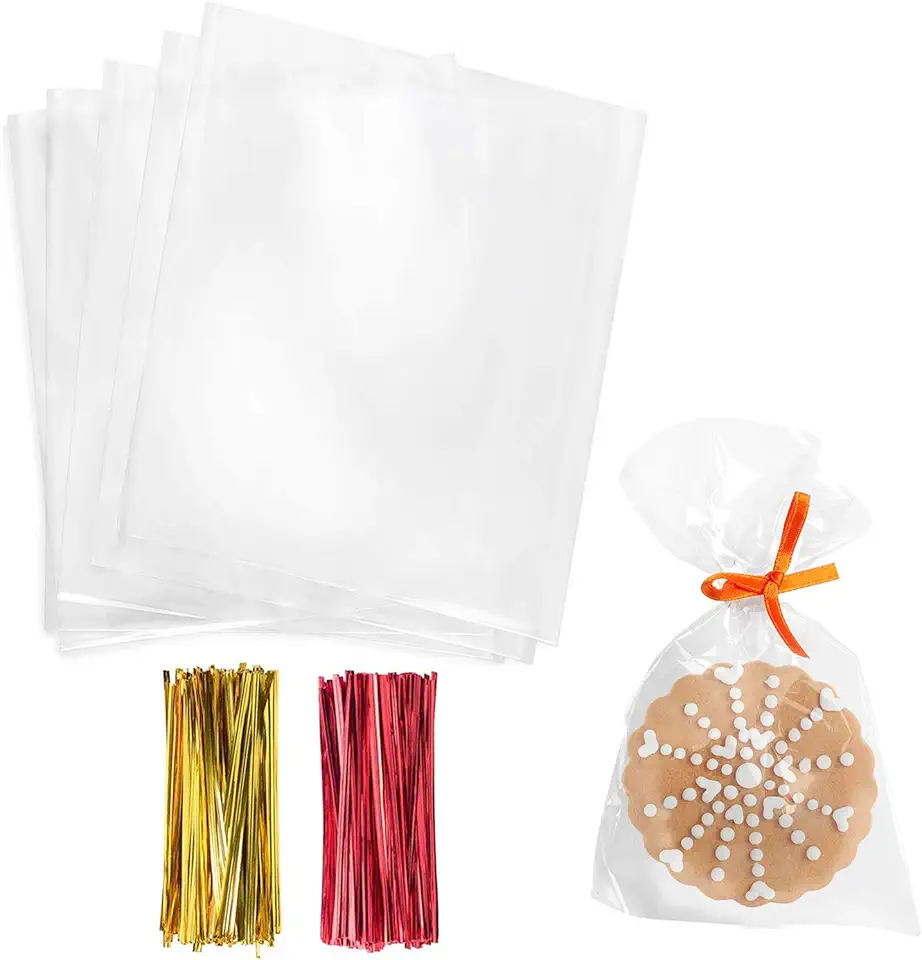 Morepack Cello Cellophane 4x6 Inches Cookie Bags 200 Pcs OPP Plastic Clear Treat Bags with 200 Twist Ties for Gift Wrapping,Packaging Candies,Dessert,Bakery,Chocolate,Party Favors