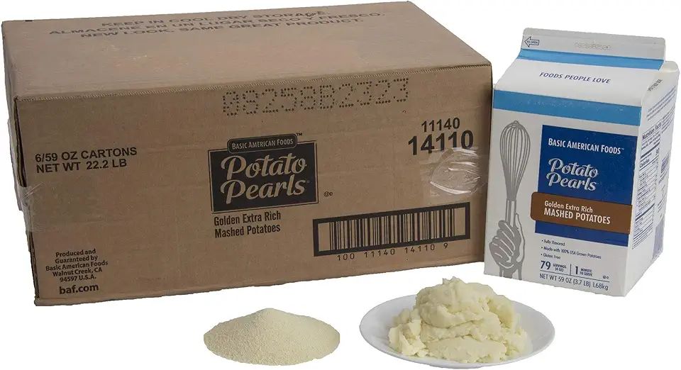 Basic American Foods Gold Extra Rich Mashed Potatoes, Large Size for Food Services and Restaurants, Easy To Prepare, Gluten Free, Made with 100% USA Grown Potatoes, 59 Ounces (Pack of 6)