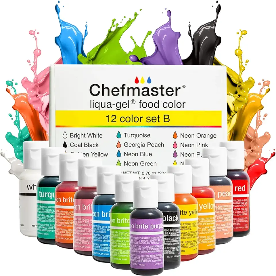 Chefmaster - Liqua-Gel Food Coloring - 12 Color Set B - Fade Resistant - 12 Pack - Vibrant, Eye-Catching Colors, Easy-To-Blend Formula, Fade-Resistant - Made in the USA