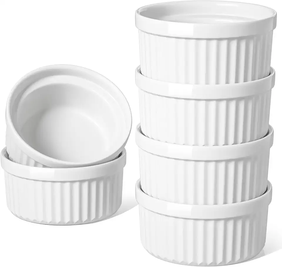 LE TAUCI Ramekins 8 OZ Oven Safe, Creme Brulee Ramekins, Pudding Custard Cups Souffle Ramiken, Dipping Sauce Dishes, Ceramic Ramekin Bowls Set of 6, White