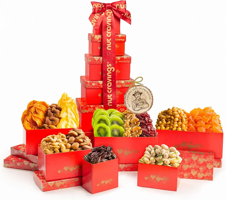 NUT CRAVINGS Gourmet Collection - Rosh Hashana &amp; Shana Tova Dried Fruit &amp; Mixed Nuts Gift Basket Red Tower + Heart Ribbon (12 Assortments) Arrangement Platter, Healthy Kosher USA Made