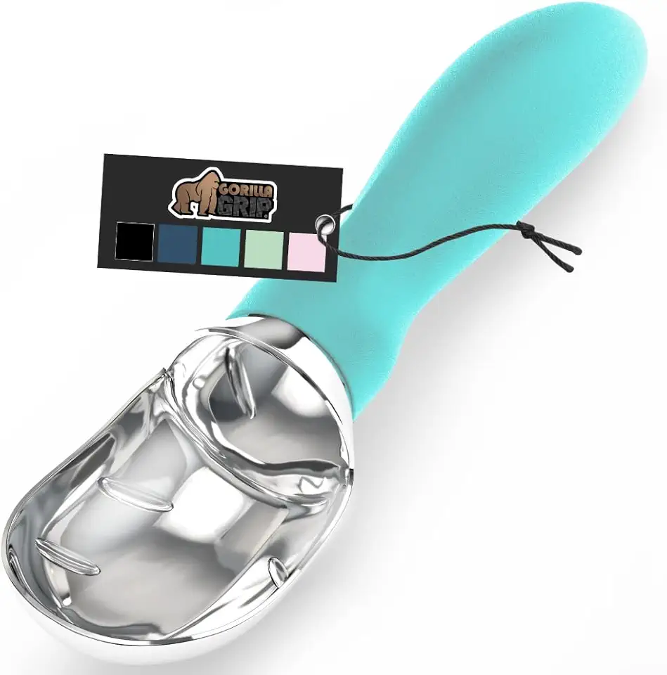 Gorilla Grip Heavy Duty Ice Cream Scoop with Comfortable Handle, Professional Grade Scooper for Perfect Round Scoops, Spoon Frozen Hard Gelato, Sorbet, Cookie Dough, BPA-Free Kitchen Tool, Turquoise