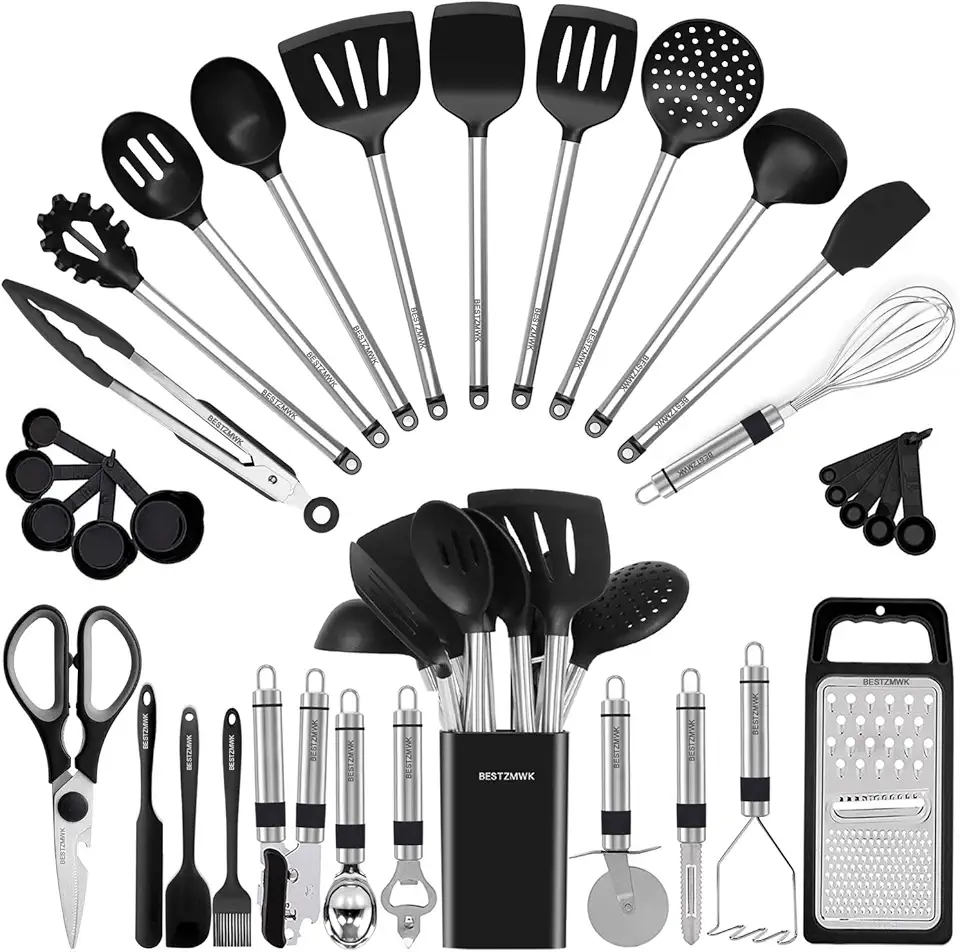 Kitchen Utensil Set-Silicone Cooking Utensils-33 Kitchen Gadgets &amp; Spoons for Nonstick Cookware-Silicone and Stainless Steel Spatula Set-Best Kitchen Tools, Useful Pots and Pans Accessories