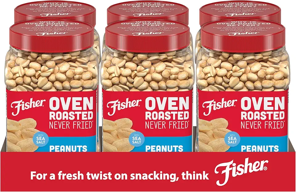 Fisher Oven Roasted Never Fried Peanuts, 24 Ounces (Pack of 6), Snacks for Adults, Made With Sea Salt, No Added Oils, Artificial Ingredients or Preservatives, Gluten Free, Vegan Protein, Bulk ​