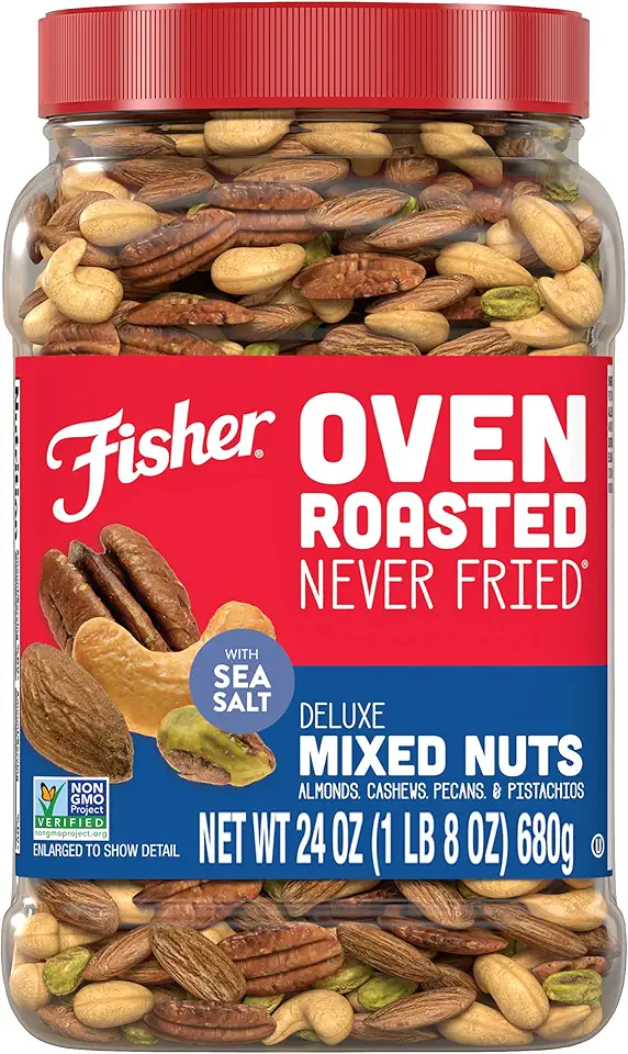 Fisher Oven Roasted Never Fried Deluxe Mixed Nuts, 24 Ounces (Pack of 1), Almonds, Cashews, Pecans, Pistachios, Snacks for Adults, Made With Sea Salt, No Added Oil, Artificial Ingredients or Preservatives, Trail Mix, Gluten Free​