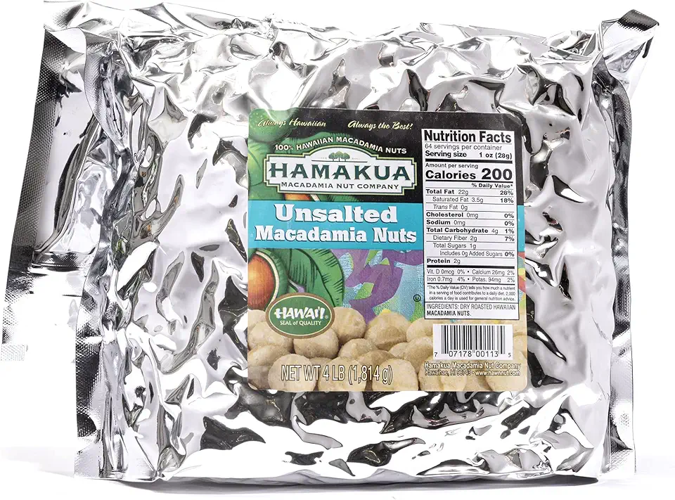 Hamakua Macadamia Nuts - Unsalted Bulk Macadamias (4 lbs) - Wholesale Hawaiian Grown Dry Roasted Half and Whole Macadamias - Natural Eco-Friendly Large Macadamia Nuts