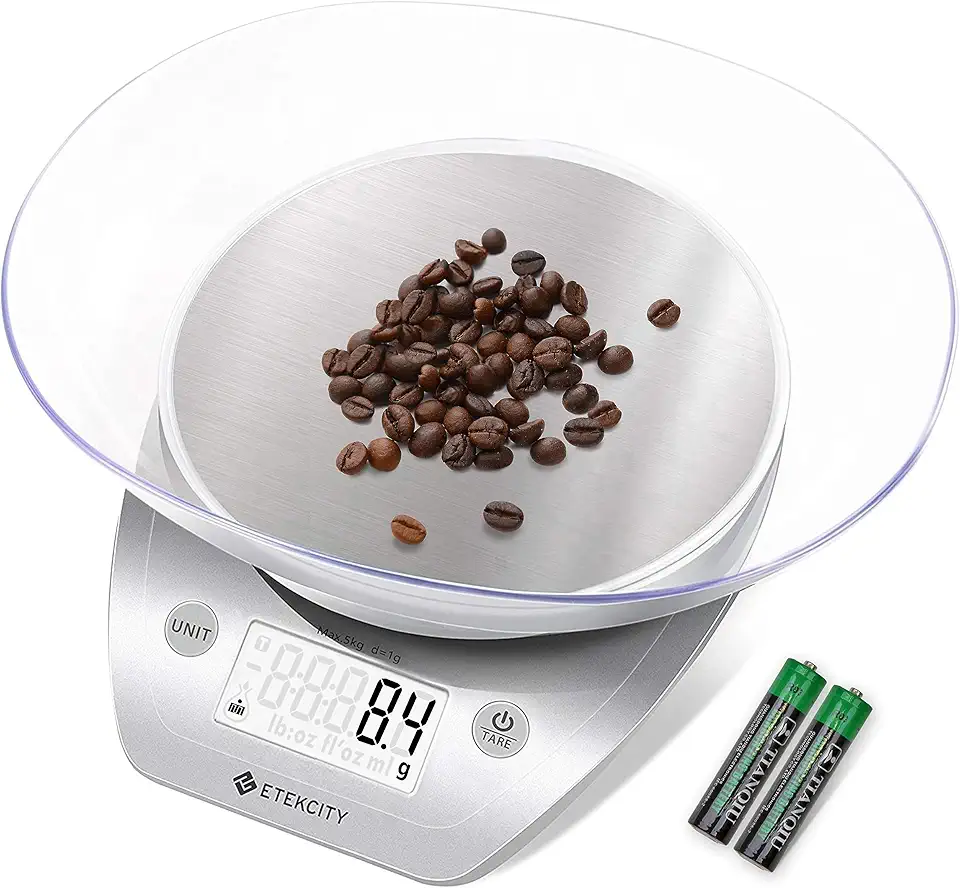 Etekcity 0.1g Food Kitchen Scale, Bowl, Digital Grams and Ounces for Weight Loss, Dieting, Baking, Cooking, and Meal Prep, 11lb/5kg, Stainless Steel Silver