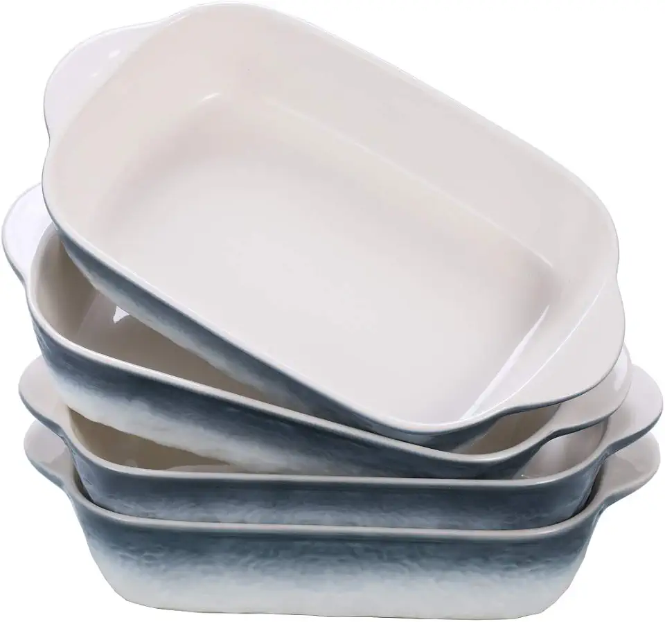 20oz Small Ceramic Baking Dishes, 7.5L x 5.4W Inch Stone Embossed Pattern Bakeware with Double Handles, Individual Rectangular Baker for Lasagna, Casserole - Set of 4 (Gray)