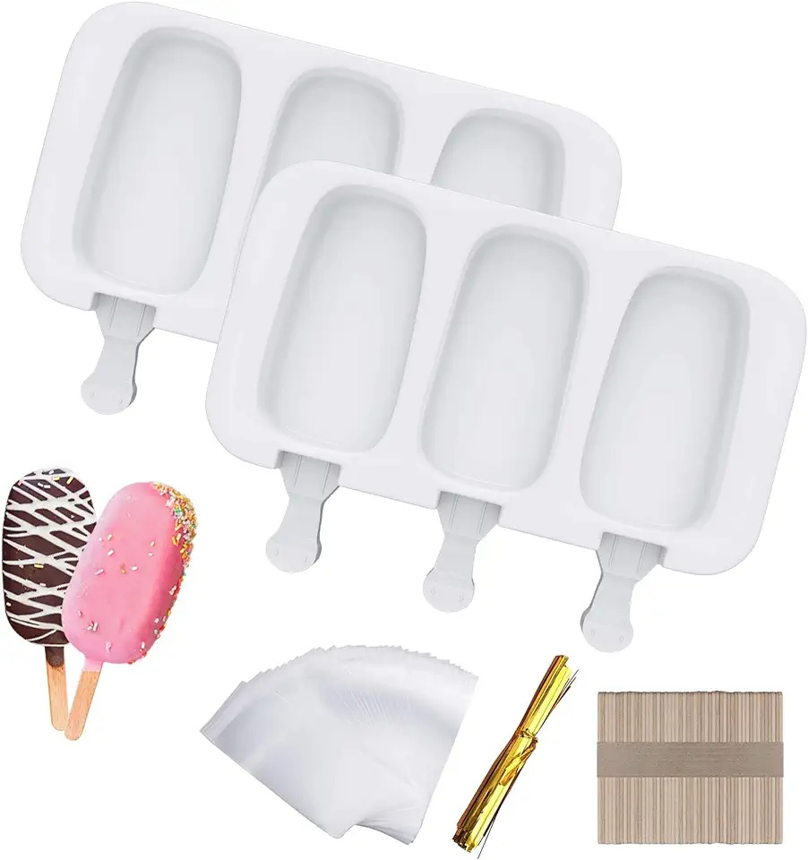 Ouddy Life Popsicle Molds Set of 2, Ice Pop Molds Silicone 4 Cavities Ice Cream Mold Oval Cake Pop Mold with 50 Wooden Sticks for DIY Popsicle, White