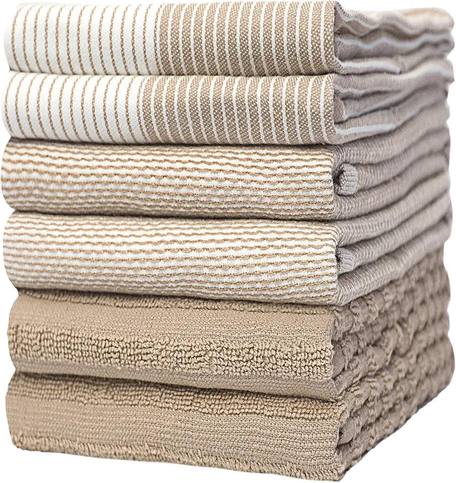 Premium Dish Towels (20”x 28”, 6 Pack) | Large Cotton Kitchen Hand Towels | | Flat &amp; Terry Highly Absorbent Tea Towels Set with Hanging Loop | Tan