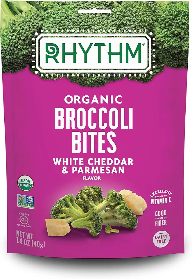 Rhythm Superfoods Crunchy Broccoli Bites, White Cheddar &amp; Parmesan, Organic &amp; Non-GMO, 1.4 Oz, Vegan/Gluten-Free Vegetable Superfood Snacks