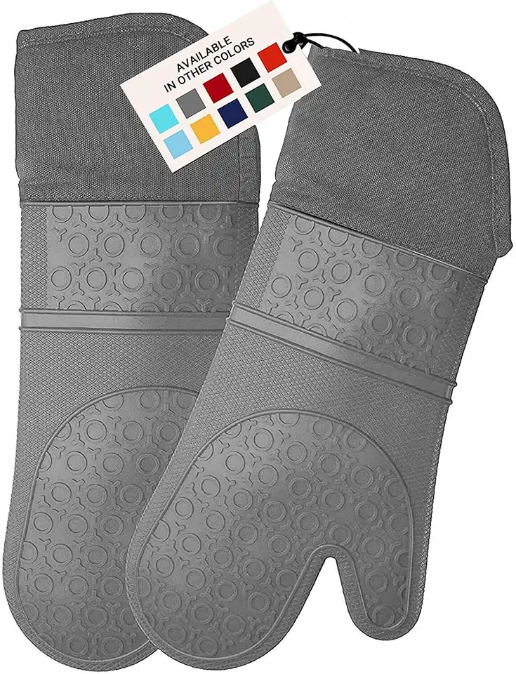 HOMWE Extra Long Professional Silicone Oven Mitt, Oven Mitts with Quilted Liner, Heat Resistant Pot Holders, Flexible Oven Gloves, Gray, 1 Pair, 14.7 Inch