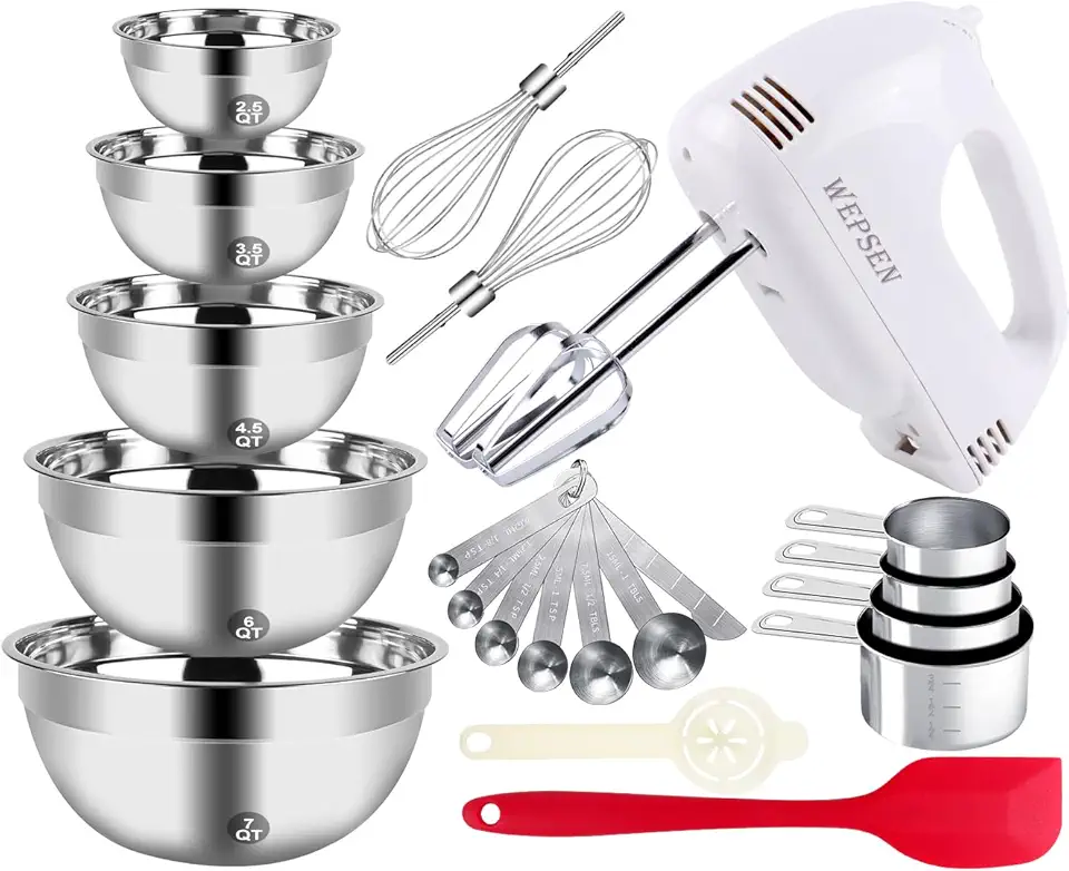 5-Speed Electric Hand Mixer, 5 Large Mixing Bowls Set, Handheld Mixers with Whisks Beater, Stainless Steel Metal Nesting Bowl Measuring Cups Spoons Kitchen Cake Blender for Baking Supplies