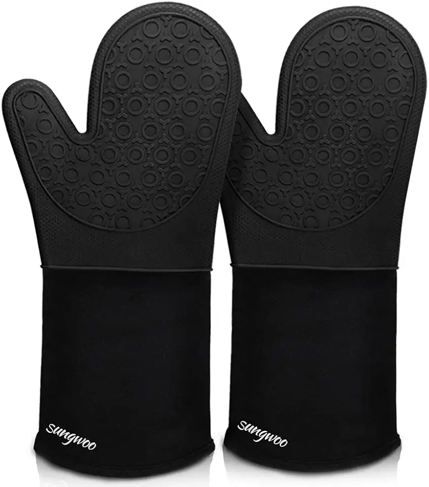 sungwoo Extra Long Silicone Oven Mitts, Heat Resistant Oven Gloves with Quilted Liner Non-Slip Textured Grip Perfect for BBQ, Baking, Cooking and Grilling - 1 Pair 14.6 Inch Black