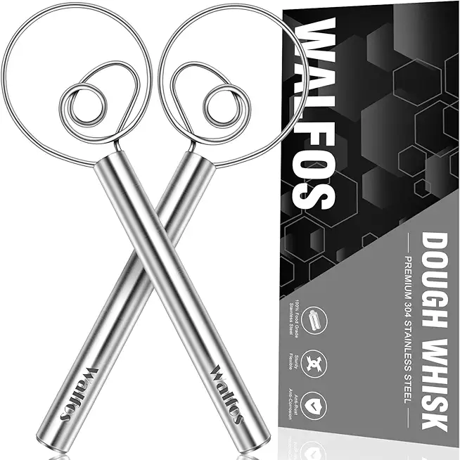 Walfos Danish Dough Whisk, Rustproof Stainless Steel Bread Whisk, Quick Mixing Bread Mixer, Dutch Dough Whisk for Cooking, Blending, Whisking, Stirring, Sourdough, Pizza, Pastry, Cake Batter（2pcs)