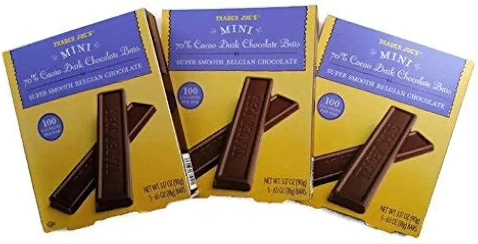 Trader Joe&#x27;s Mini 70% Cacao Dark Chocolate Bars. Super Smooth Belgian Chocolate. 100 Calories Per Bar. Bundle of 3 Boxes. Each Box Is (0.63 Ounce (Pack of 15)-SET OF 3)