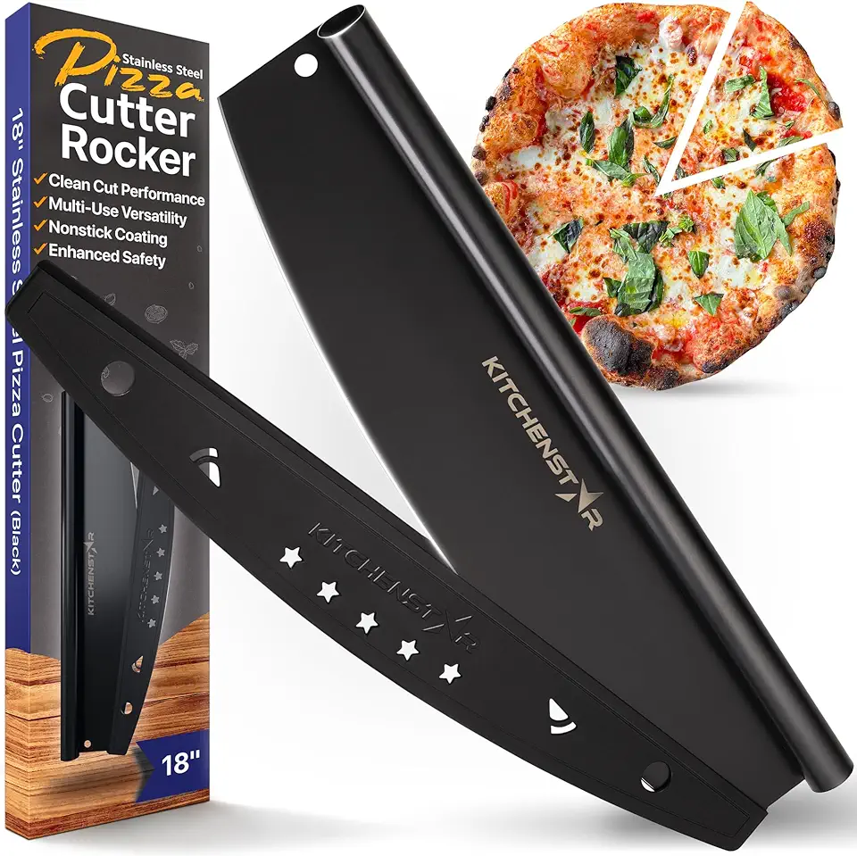 18&quot; Pizza Cutter Rocker Blade by KitchenStar - Sharp Stainless Steel Slicer Knife w Nonstick Coating &amp; Protective Cover, Pizza Oven Accessories, Black