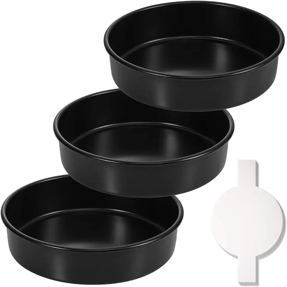 HIWARE 8-Inch Round Cake Pan Set of 3, Nonstick Baking Cake Pans with 90 Pieces Parchment Paper, Dishwasher Safe