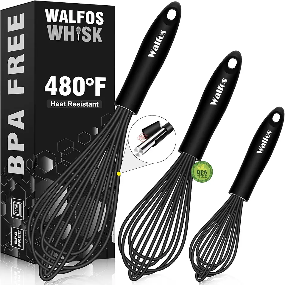 Walfos Silicone Whisk,Stainless Steel Wire Whisk Set of 3 -Heat Resistant 480°F Kitchen Whisks for Non-stick Cookware,Balloon Egg Beater Perfect for Blending,Whisking,Beating,Frothing &amp; Stirring,Black