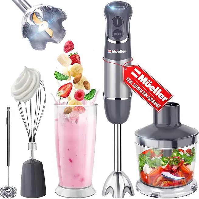 Mueller Multistick 800W 5-in-1 Immersion Blender Handheld, 12 Speed Hand Mixer - Turbo Boost, Heaviest Duty Copper Motor, Titanium Blades Hand Blender, Milk Frother Wand, Whisk, Beaker, Chopper