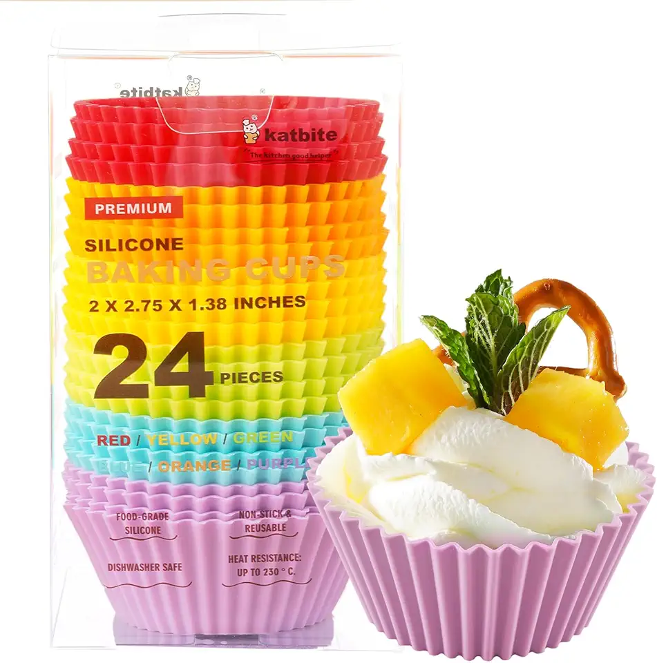 Katbite Reusable Silicone Baking Cups 24 Pack - Non-stick Muffin Cupcake Liners Set, Thick &amp; Heavy Duty Cupcake Molds - Perfect for Party Halloween Christmas Bakery Supplies, Multicolor