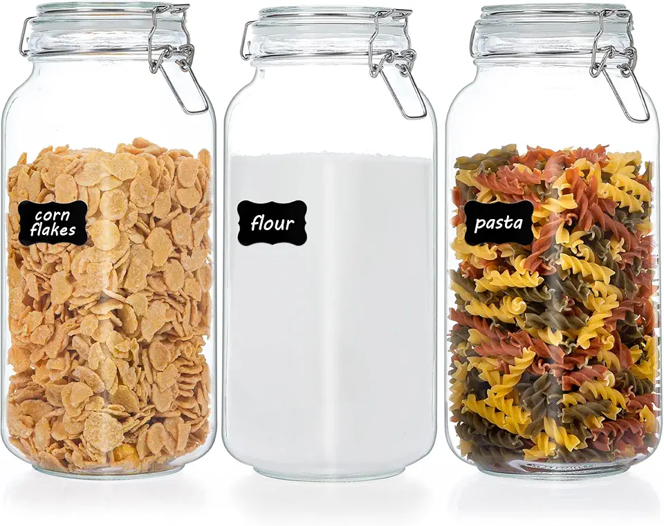 Vtopmart 78oz Glass Food Storage Jars with Airtight Clamp Lids, 3 Pack Large Kitchen Canisters for Flour, Cereal, Coffee, Pasta and Canning, Square Mason Jars with 8 Chalkboard Labels